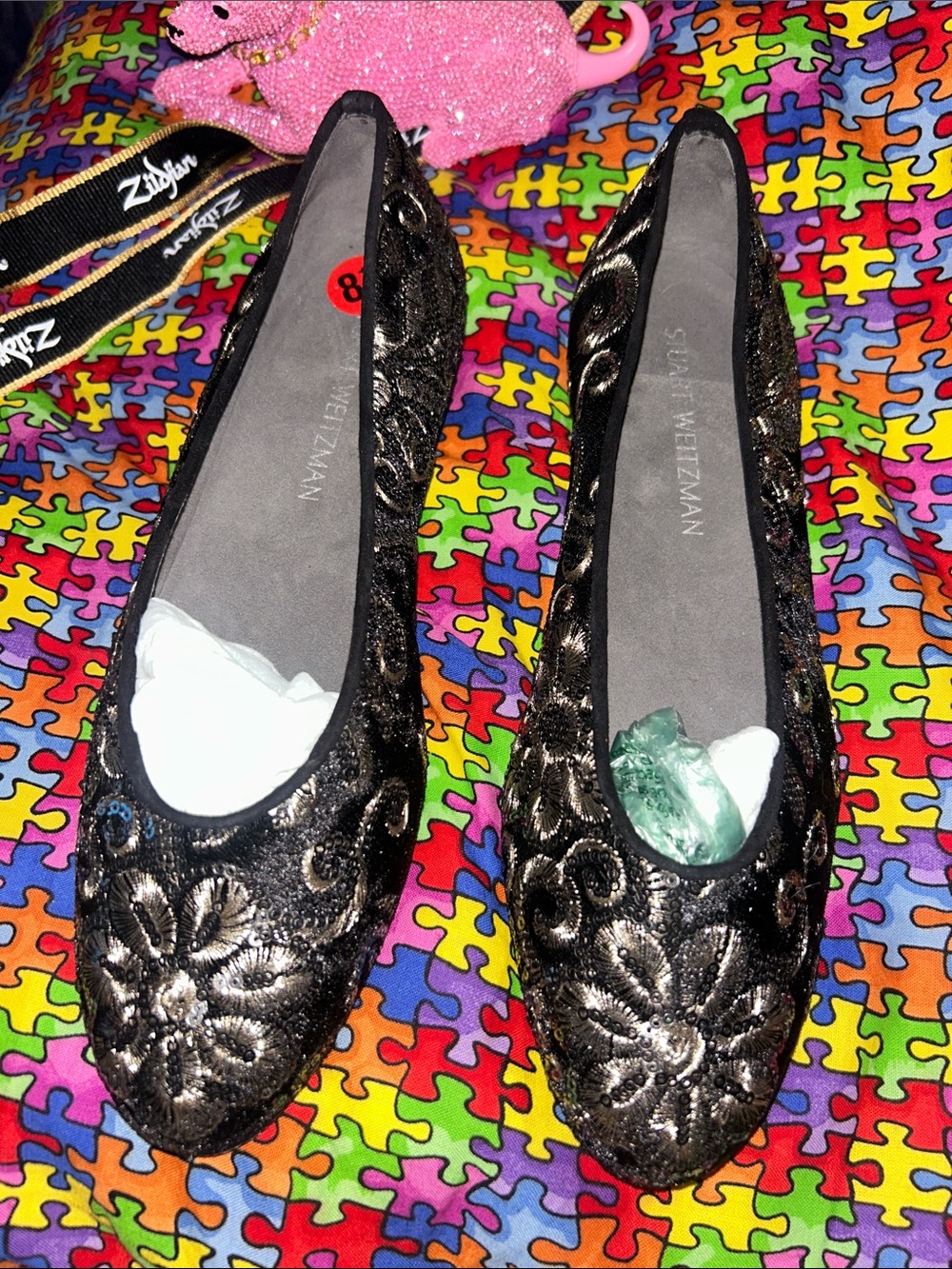 Stuart Weitzman Black and Silver Embroidered Flats VGC